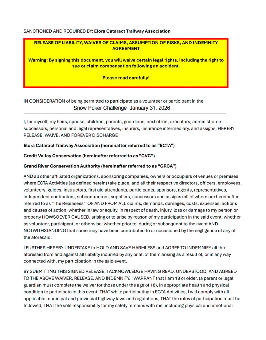 Insurance waiver for Snow Poker Challeng event