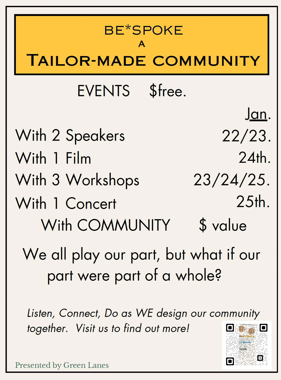 Be*Spoke Festival Event poster. Event happens over a 4-day period in Centre Wellington, January 22 to 25, 2026