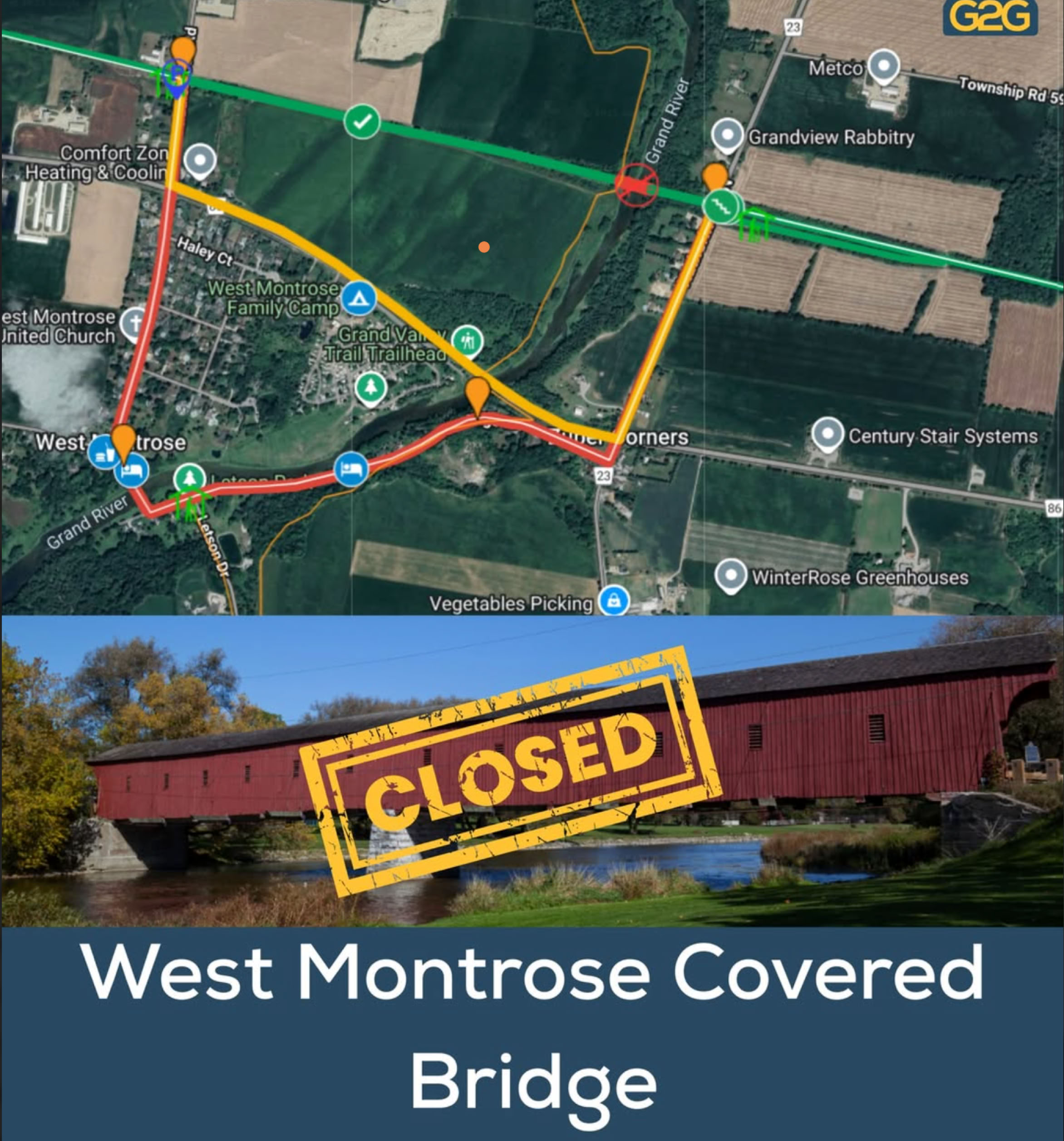 Proposed detour to avoid closed West Montrose Covered Bridge