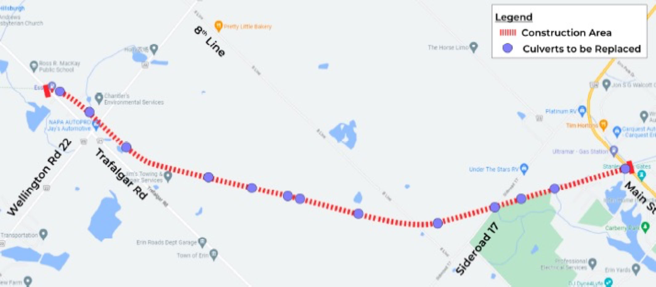 Map showing the section of Elora Cataract Trailway closed duirng sewer construction